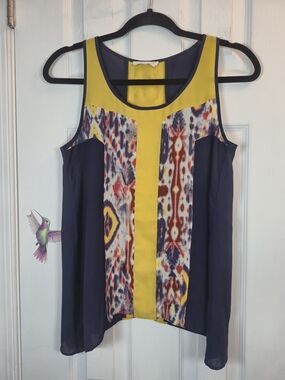 Le Sample Ikat Print Colorblock Tank Top Navy Yellow Small